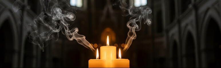 Three lit candle producing smoke indoors in dark church. Religious ritual. Remembrance or prayer concept for Epiphany or All Saints Day. Banner with copy space
