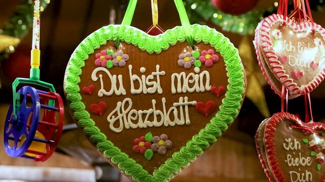 A closeup of decorated gingerbread heart cookies with german messages Du bist mein herzblatt hanging at a christmas market stall. traditional german lebkuchenherzen decorated with colorful icing 
