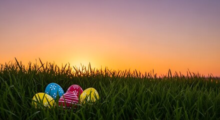 Colorful Easter eggs nestled in vibrant green grass in spring
