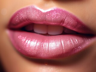 Fototapeta premium close-up on a pink glossy lips