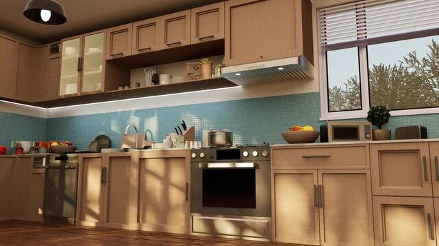 Contemporary apartment cooking area with blue tiled backsplash under wood cupboards. Stylish interior design concept integrating electric appliances and natural wooden furniture