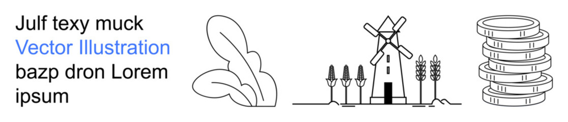 Agriculture, rural economy, renewable energy, sustainability, farming, agribusiness. Line art of a windmill, wheat leaves and coins. Agriculture and rural economy visualization