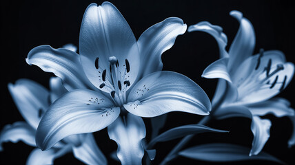 A high-contrast X-ray style photograph of a lily flower against a black background.