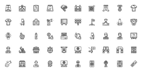 Soccer icon set. Vector illustration. Football game cons pack. Includes symbol for goal, trophy, stadium player, referee, penalty,medal, broadcast and more.