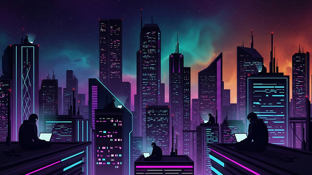 Cyberpunk new year 2026: futuristic cityscape celebration silhouette