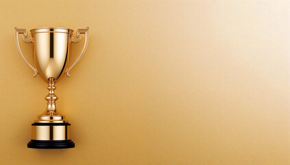 Champion golden trophy on gold background with copy space