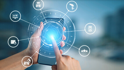 Online car rental service with booking, GPS, key handover and vehicle sharing icons representing modern mobility, travel convenience and digital rental platforms. Gist