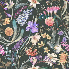 A floral seamless pattern with watercolor garden flowers. Seamless wallpaper with daffodils, hyacinths, freesia, and tulips.