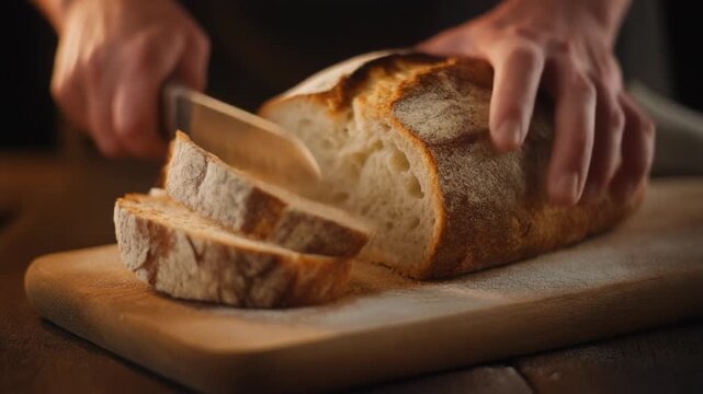 Baking bread at home slicing fresh loaf with knife on cutting board a delicious recipe for breakfast, lunch or dinner, home cooking experience