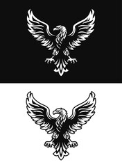 Stylized eagle with wings up. One version is on black, one on white background.