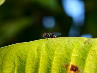 A green fly was photographed perched on the edge of a large green leaf in the garden.