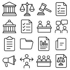 Legal and Institutional Icons: An array of legal and institutional icons, featuring symbols of justice, law, and government. These illustrative icons capture the essence of legal processes.