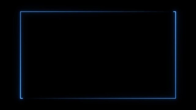 Blue neon rectangle frame glowing on a black background abstract border