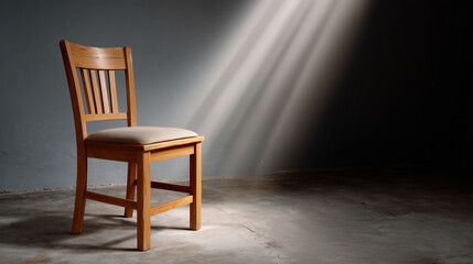 Wooden chair illuminated by soft rays of light in an empty room creating a serene and minimalistic atmosphere perfect for introspection