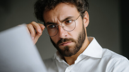Serious young man with glasses examining document with focused expression in modern interior office setting