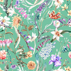 A floral seamless pattern with watercolor garden flowers. Seamless wallpaper with daffodils, hyacinths, freesia, and tulips.