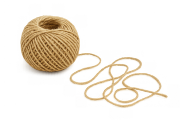 Ball of natural jute twine unrolling, creating loops of cord, isolated on a transparent background, for craft and packaging
