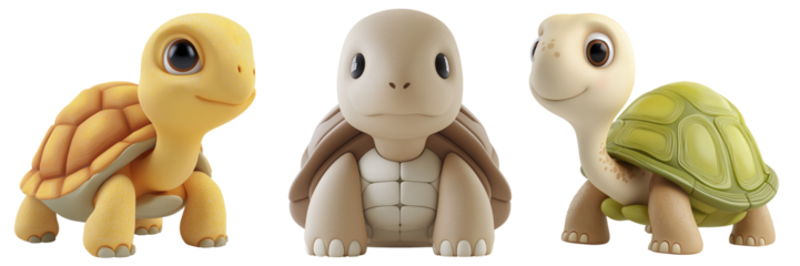 Charming Trio of Cute Pastel Tortoises on White Background