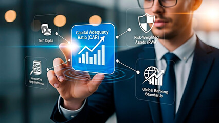 A businessman interacting with a digital interface showing financial data for the concept of finance and banking.