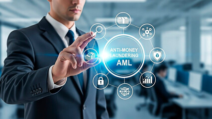 Business man interacting with digital anti-money laundering concept.