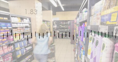 Female shopper walking down grocery aisle, motion initiating animated graph showing stock levels