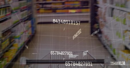 Push-triggered cart handle and basket rolling down aisle, displaying 3D codes scanning shelves