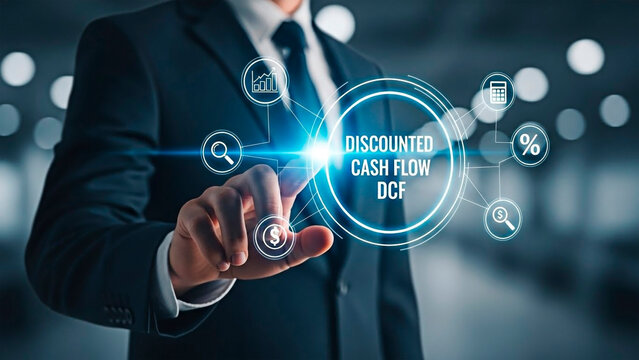 Businessman interacting with Discounted Cash Flow (DCF) for business analysis.