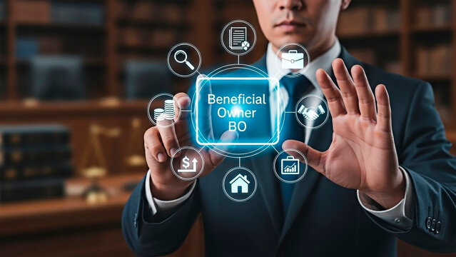 Beneficial owner's concept: a person using advanced technology for financial transactions.