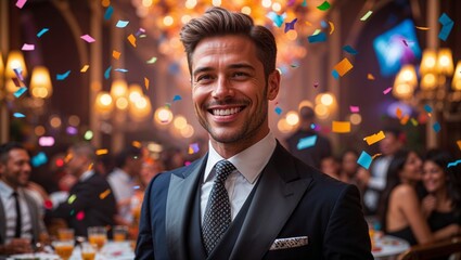 Smiling man in a tuxedo celebrates at a party with confetti and guests