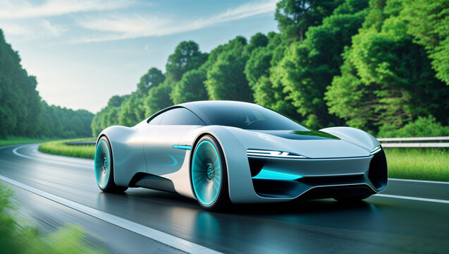Futuristic electric car driving on a scenic road with lush green trees