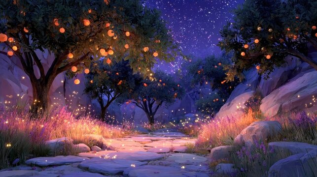 Magical Orchard Path Illuminated by Glowing Lights at Night