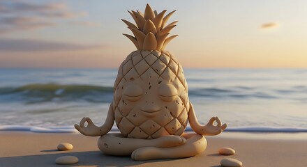 Meditating Pineapple on Beach at Sunset - Serene Tropical Scene.