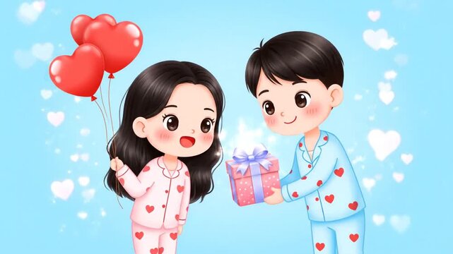 Adorable Cartoon Couple in Valentine Day Pajamas Exchanging Gifts and Heart Balloons, a Sweet Romantic Illustration for Love and Celebration