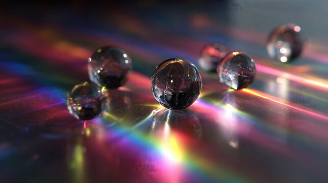 Abstract rainbow light refractions through crystal droplets