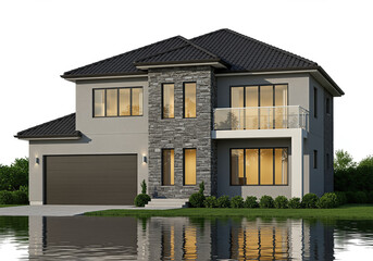Luxurious modern house architecture with contemporary design and lush green surroundings reflecting in the water.