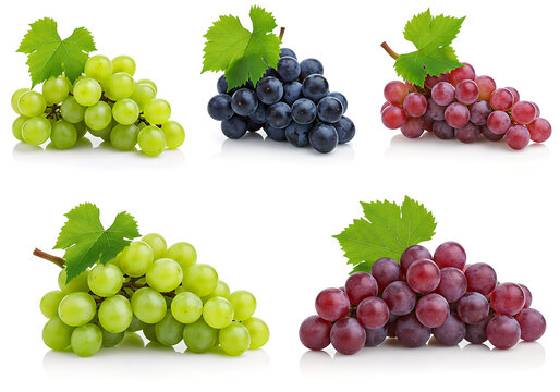 Fresh Grapes Assortment: A Colorful Collection of Green, Red, and Black Grapes on a White Background