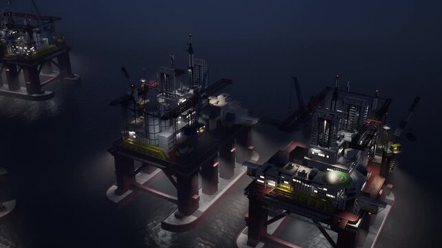 Offshore installation equipped with advanced machinery and strong lights for dark sea exploration. Industrial ocean rig extracting petroleum for global energy supply chain late at night