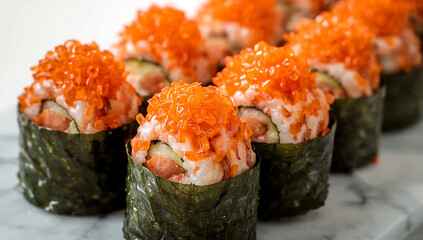 Close up sushi rolls with seaweed and salmon roe