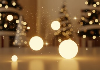 A warm and inviting Christmas scene with glowing orbs and festive trees in the background.