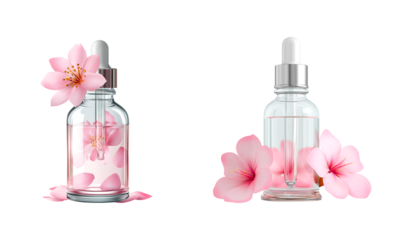 Luxurious Pink Essence Dropper Bottle with Delicate Cherry Blossom Flower and Petals on a transparent background