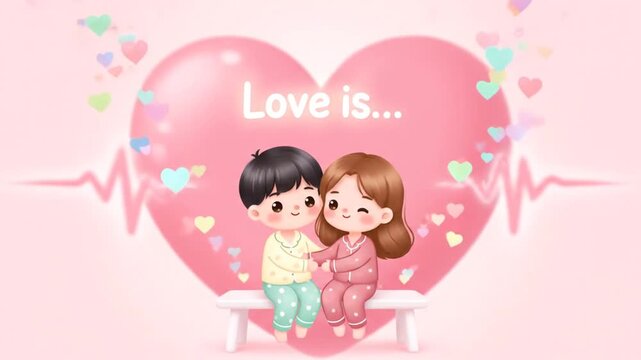 Charming Cartoon Couple in Matching Valentine Day Pajamas, Sitting on a Bench Against a Romantic Pink Heart Background with a Heartbeat Line and Floating Hearts