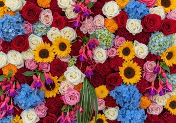A vibrant and colorful floral arrangement featuring a variety of flowers in full bloom.