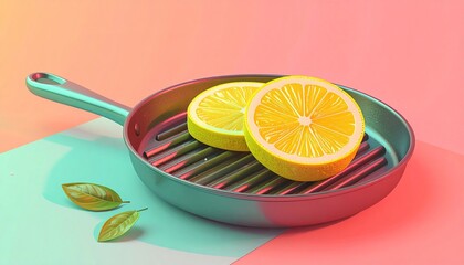 Lemon slices in a grill pan with leaves on colorful background.