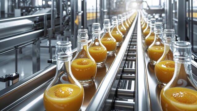 Bottles of orange juice moving along a conveyor belt in a factory - Powered by Adobe