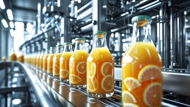 Orange juice bottles on a production line in a food processing plant