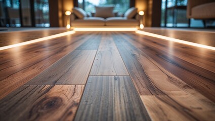 Close-up of a beautiful hardwood floor in a modern living room setting