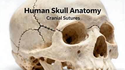 A macro close-up of a realistic anatomical skull model showing detailed cranial sutures. Soft lighting and sharp textures create a clear educational and scientific visual.