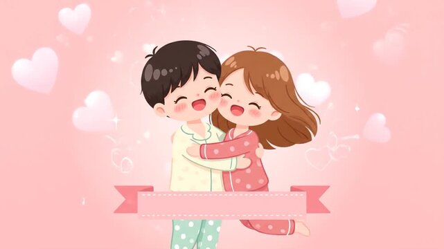 Adorable Cartoon Couple in Valentine Day Pajamas Hugging Sweetly Against a Dreamy Pink Background with Floating Hearts and Sparkles, Romantic Love Celebration Loop Video.