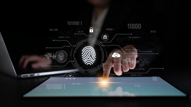 Biometric fingerprint identification and cybersecurity system ensuring secure access, identity verification, cloud data protection, and digital safety Latch