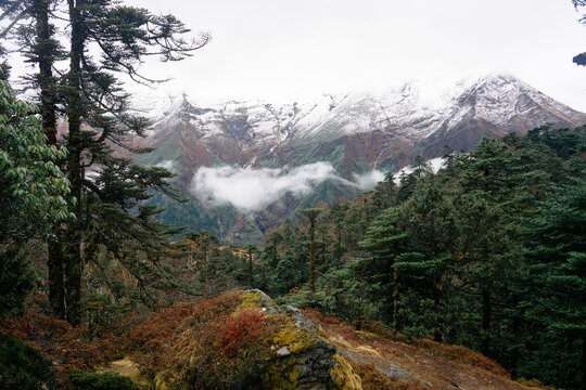 Mountains rise above trees with clouds hovering in a valley under gray sky in the Himalayan region of Nepal during autumn season